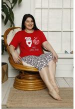 Pijama dama din bumbac cu imprimeu ,,More Coffee, Please'', tricou si pantaloni 3/4, rosu