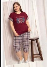 Pijama dama din bumbac Big Size cu imprimeu ,,Today I Have'', tricou si pantaloni 3/4, rosu