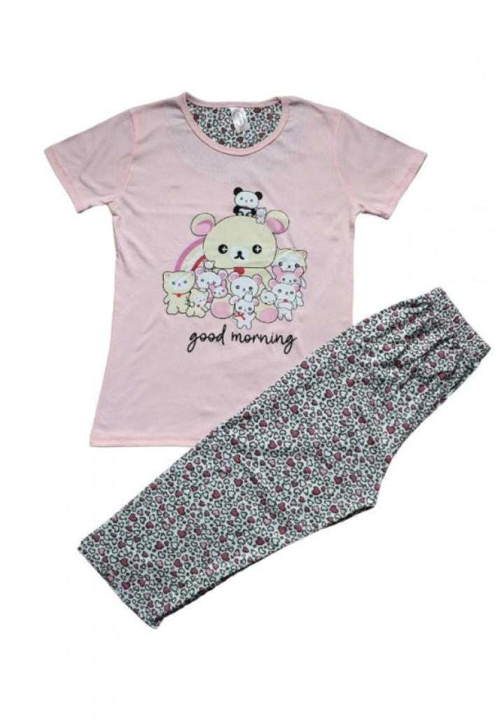 Pijama dama din bumbac, colecția nouă, tricou roz deschis cu imprimeu „Good morning” și pantaloni 3/4 asortați