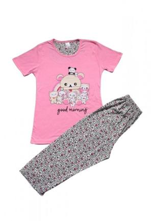 Pijama dama din bumbac, colecția nouă, tricou roz inchis cu imprimeu „Good morning” și pantaloni 3/4 asortați