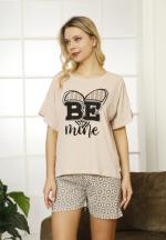 Pijama dama din bumbac, tricou crem cu imprimeu ,,Be Mine" și pantaloni scurti asortați