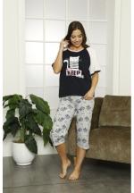 Pijama dama din bumbac, tricou cu imprimeu ,,Just Keep Going" și pantaloni 3/4 asortați