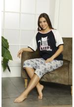 Pijama dama din bumbac, tricou cu imprimeu ,,Just Keep Going" și pantaloni 3/4 asortați