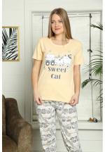 Pijama dama din bumbac, tricou cu imprimeu ,,Sweet Cat" și pantaloni 3/4 asortați, portocaliu