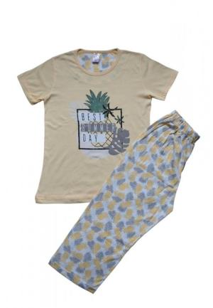 Pijama dama din bumbac, tricou galben cu imprimeu "Best summer day" și pantaloni 3/4 asortați