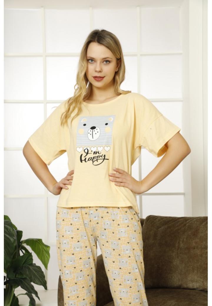 Pijama dama din bumbac, tricou portocaliu cu imprimeu ,,I'm Happy" și pantaloni 3/4