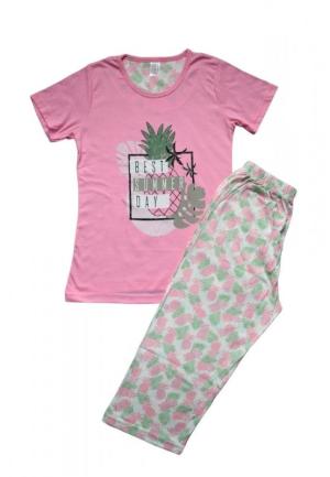 Pijama dama din bumbac, tricou roz cu imprimeu "Best summer day" și pantaloni 3/4 asortați