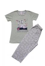 Pijama dama din bumbac, tricou verde cu imprimeu ,,Good Morning'' și pantaloni 3/4 asortați