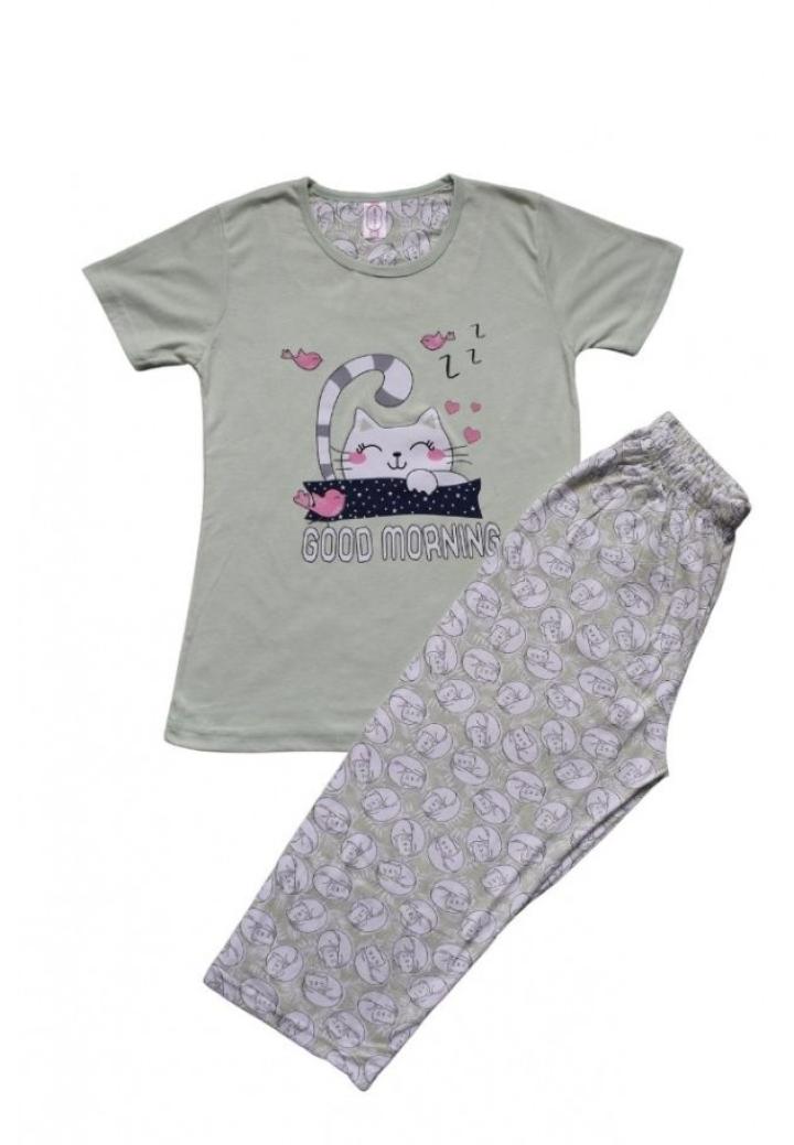 Pijama dama din bumbac, tricou verde cu imprimeu ,,Good Morning'' și pantaloni 3/4 asortați