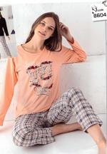 Pijama damă, mânecă lungă și pantaloni lungi, imprimeu cu Lucky, portocaliu