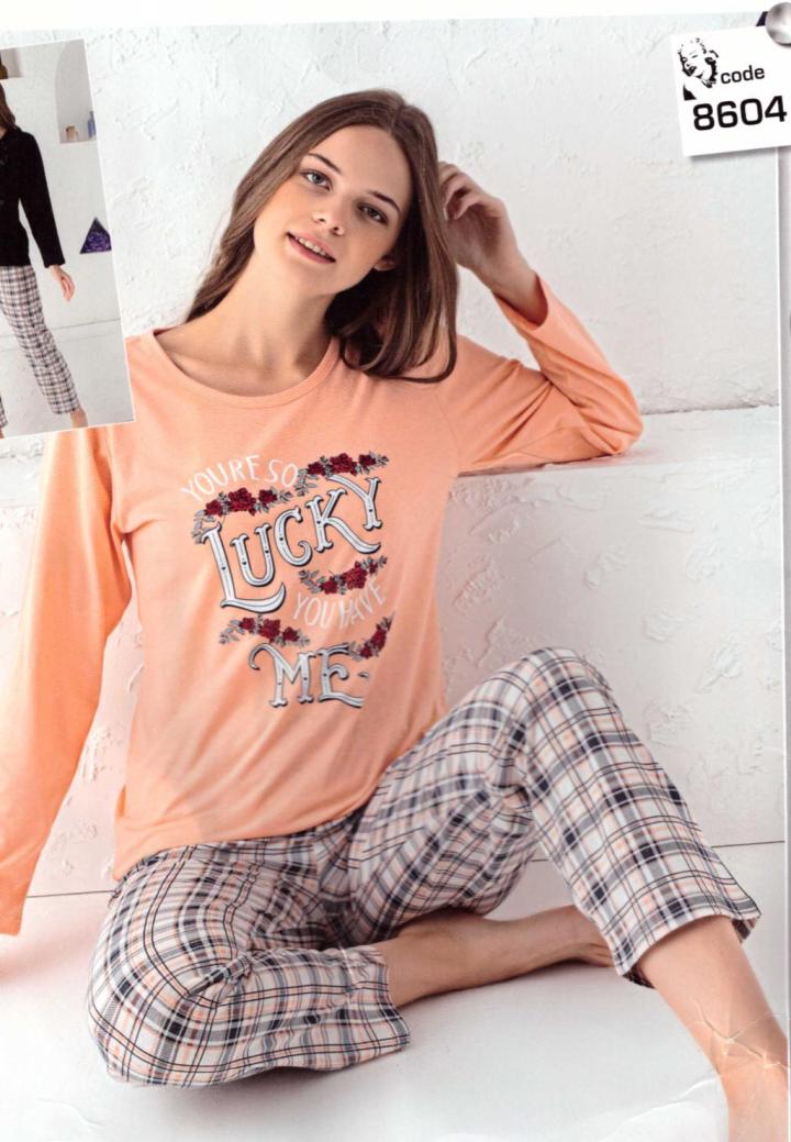 Pijama damă, mânecă lungă și pantaloni lungi, imprimeu cu Lucky, portocaliu