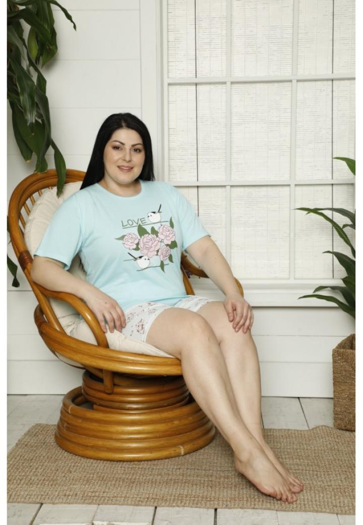 Pijama dama din bumbac cu imprimeu Love, tricou si pantaloni scurti, blue
