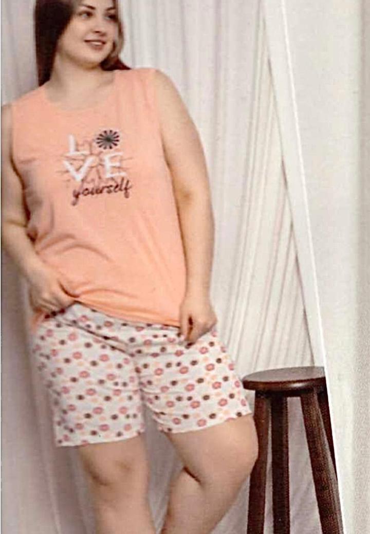 Pijama dama big size din bumbac, maiou portocaliu cu imprimeu „Love Yourself” și pantaloni scurti