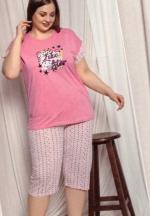 Pijama dama big size din bumbac, tricou roz cu imprimeu „Like A Star” și pantaloni 3/4 asortați