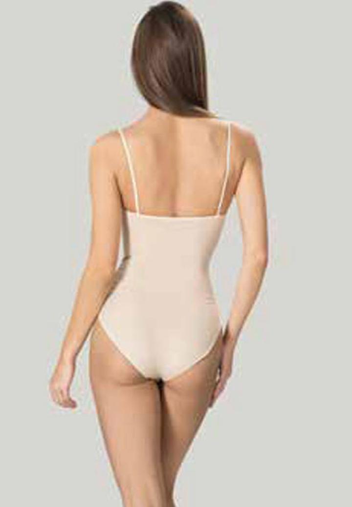 Body modelator dama cu bretele subtiri, material elastic si respirabil de culoare bej