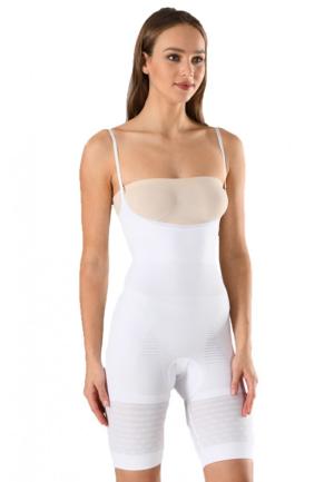 Body modelator dama cu pantalon 3/4, decolteu adanc si rotund sub bust, culoare alb