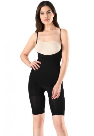 Body modelator dama cu pantalon 3/4, decolteu adanc si rotund sub bust, culoare negru