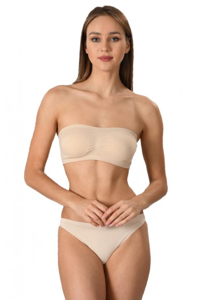 Bustiera dama elastica fara bretele, cu pad-uri, material lejer si elastic, culoare bej
