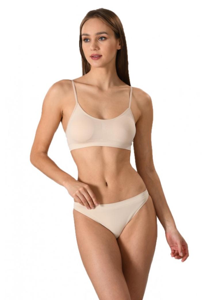 Bustiera dama elastica cu bretele subtiri, material lejer si elastic, culoare bej