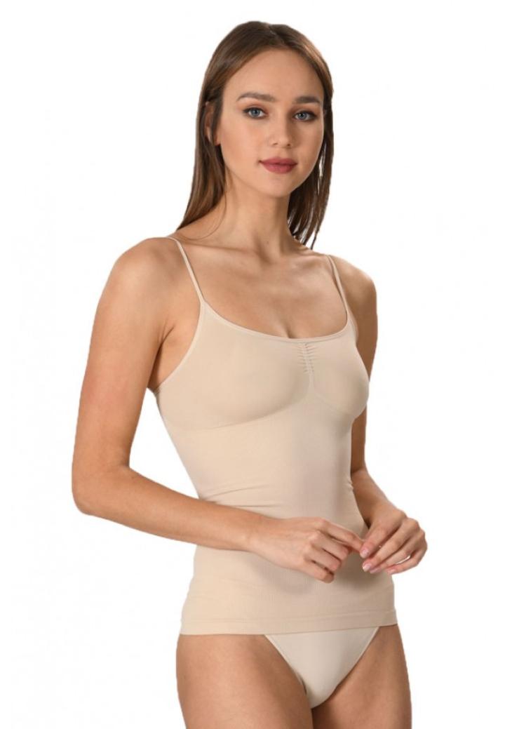 Maiou dama modelator in talie cu bretele subtiri, material moale, culoare bej