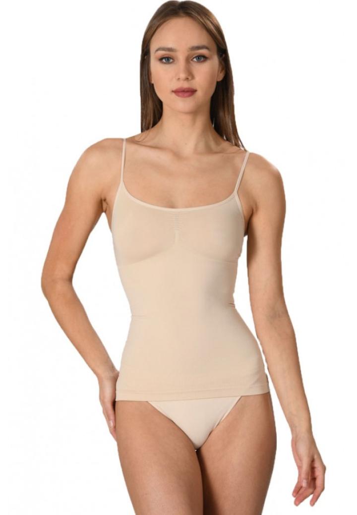 Maiou dama modelator in talie cu bretele subtiri, material moale, culoare bej