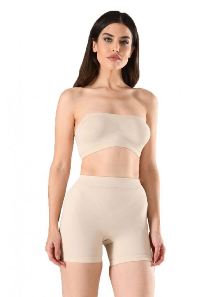 Pantaloni scurti damă modelatori cu bandă de silicon si talie înaltă, culoare bej