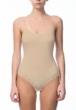 Body dama cu bretele subtiri, material bumbac, bej