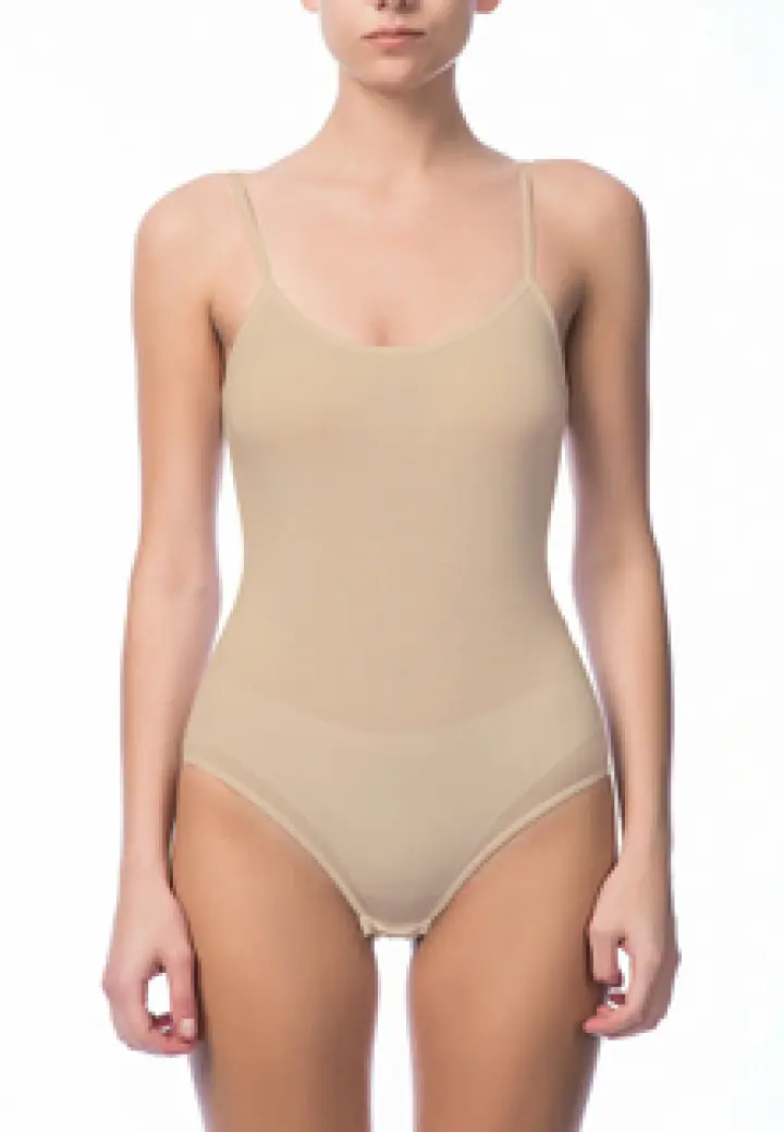 Body dama cu bretele subtiri, material bumbac, bej