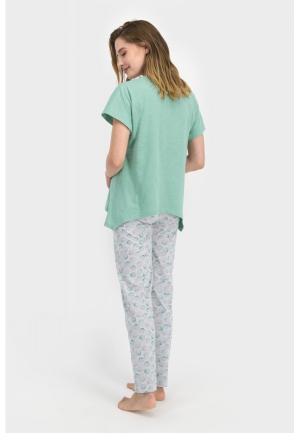 Pijama dama bumbac, bluza maneca scurta cu imprimeu scoici si pantaloni lungi, verde