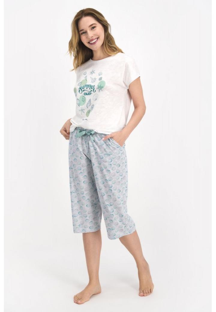 Pijama dama, bluza cu maneca scurta, imprimeu Summer Enjoy si pantaloni 3/4 cu elastic in talie