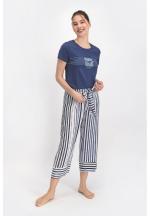 Pijama dama, bluza cu maneca scurta, imprimeu Marine si pantaloni 3/4 cu elastic in talie