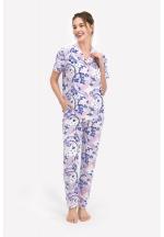 Pijama Dama – Bluza cu Nasturi și Pantaloni Lungi, Imprimeu Floricele