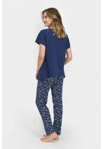 Pijama dama bumbac, bluza maneca scurta cu imprimeu scoici si pantaloni lungi, dark indigo