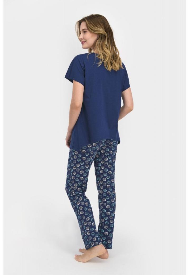 Pijama dama bumbac, bluza maneca scurta cu imprimeu scoici si pantaloni lungi, dark indigo