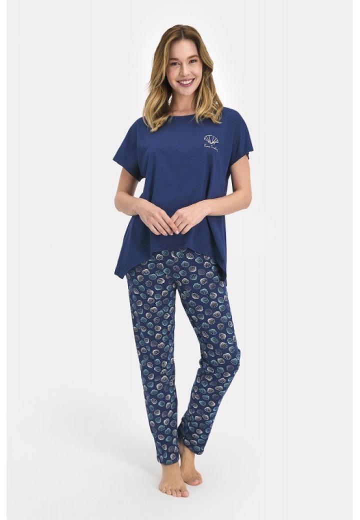 Pijama dama bumbac, bluza maneca scurta cu imprimeu scoici si pantaloni lungi, dark indigo