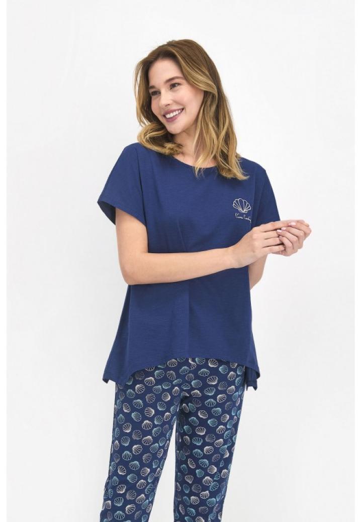 Pijama dama bumbac, bluza maneca scurta cu imprimeu scoici si pantaloni lungi, dark indigo