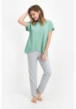 Pijama dama bumbac, bluza maneca scurta cu imprimeu scoici si pantaloni lungi, verde