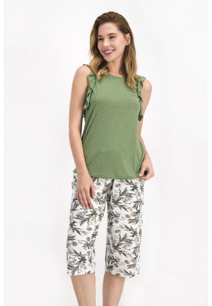 Pijama Dama cu Maiou cu Volanase și Pantaloni 3/4 cu Elastic și Fundiță, Imprimeu Floral