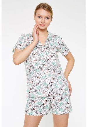 Pijama Dama din Viscoză – Bluza cu Mâneci Scurte și Pantaloni Scurți cu Elastic în Talie, Imprimeu Floral