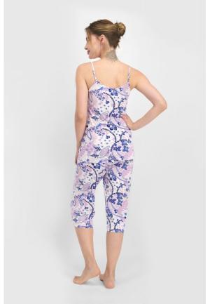 Pijama dama, maieu cu dantela si imprimeu floral, pantaloni 3/4, Mov