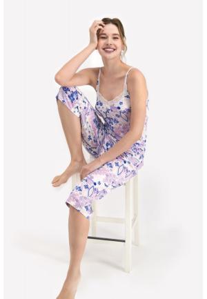 Pijama dama, maieu cu dantela si imprimeu floral, pantaloni 3/4, Mov