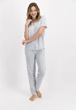 Pijamale dama cu bluza maneca scurta si pantaloni lungi, imprimeu scoici, culoare alb/blue