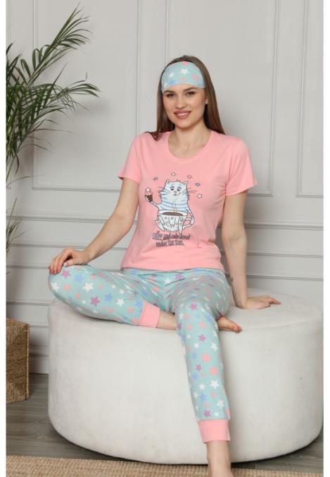 Pijama pentru Dama cu Imprimeu Pisică - Set de Primăvară