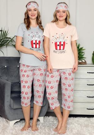 Pijama damă cu tricou, pantaloni trei sferturi și mască de dormit, what's poppin?, galben