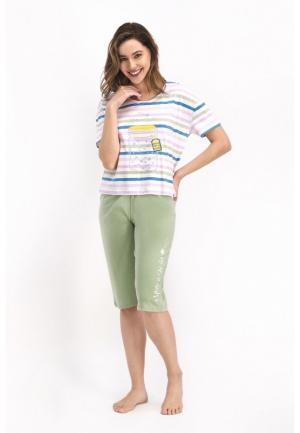 Pijama damă cu mânecă scurtă și pantaloni 3/4, 100% bumbac, verde