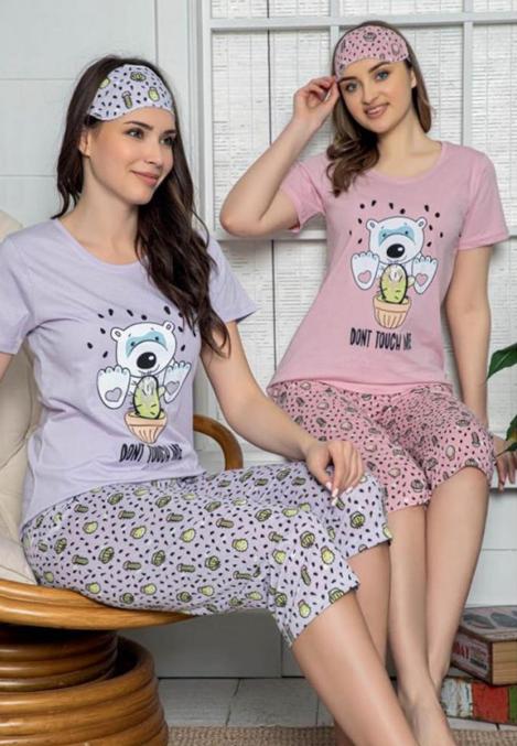 Pijama damă cu tricou, pantaloni trei sferturi și mască de dormit, 100% bumbac, culoare roz pudră