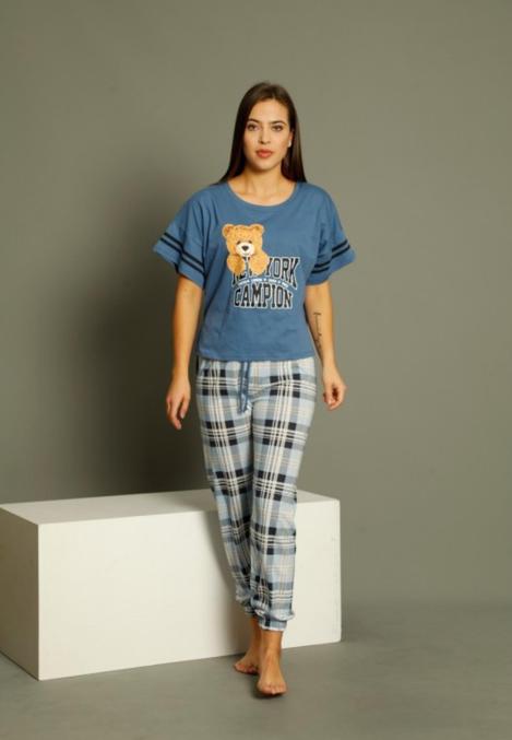 Pijama damă cu tricou și pantaloni lungi, culoare albastru