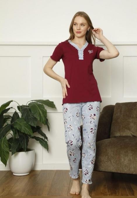 Pijama damă cu tricou și pantaloni lungi, culoare bordo