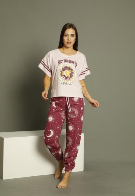 Pijama damă cu tricou și pantaloni lungi, culoare lila