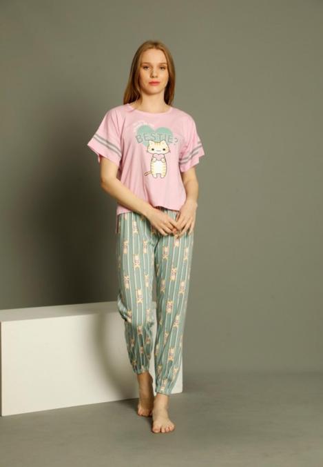 Pijama damă cu tricou și pantaloni lungi, culoare roz deschis